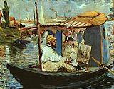 Argenteuil Canvas Paintings - Claude Monet working on his boat in Argenteuil